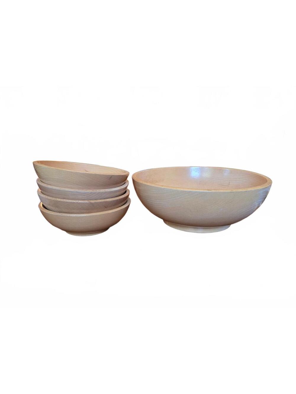 Vintage Mid-Century Modern Wooden Salad Bowl Set (5 Pc) - Made in Japan